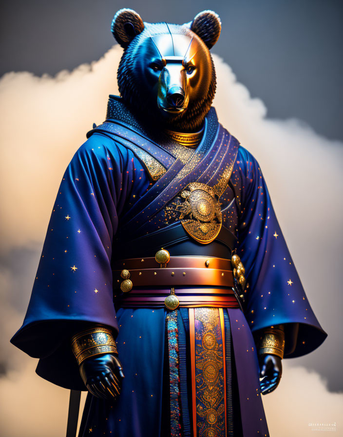Stylized bear-headed figure in blue and gold samurai outfit on clouded backdrop