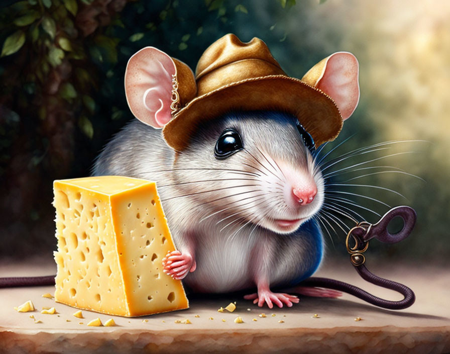 Cute little rat with hat, holding a piece ...