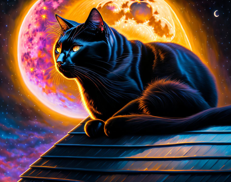  huge demonic black cat sitting on roof with moon 