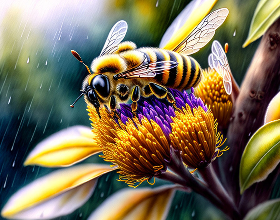 Colorful bee on purple and yellow flower with raindrops - Illustration