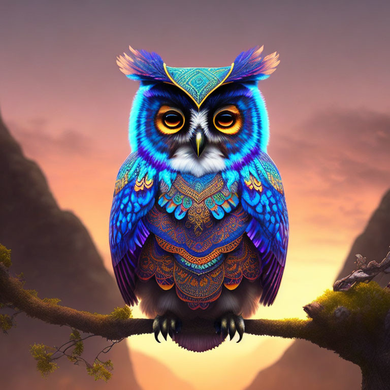 Colorful Stylized Owl Perched on Branch Against Twilight Sky