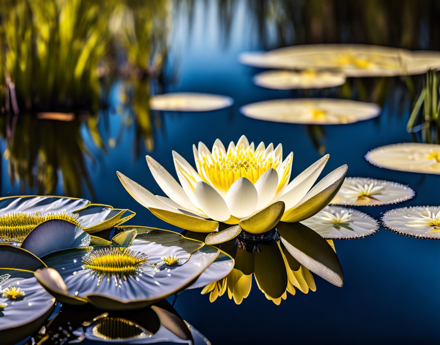 White and yellow beautiful wild water lilies...
