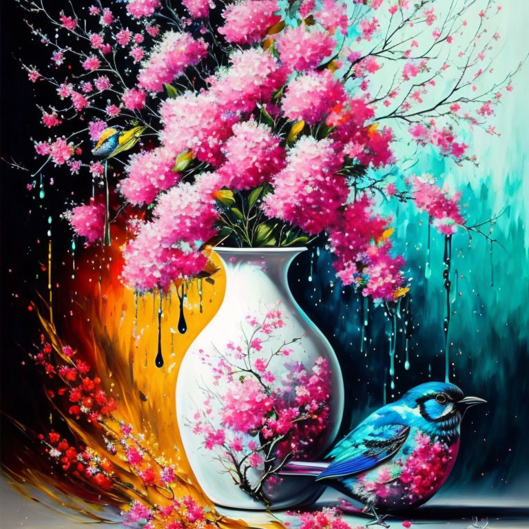 Colorful Painting of White Vase with Pink Blossoms and Blue Bird
