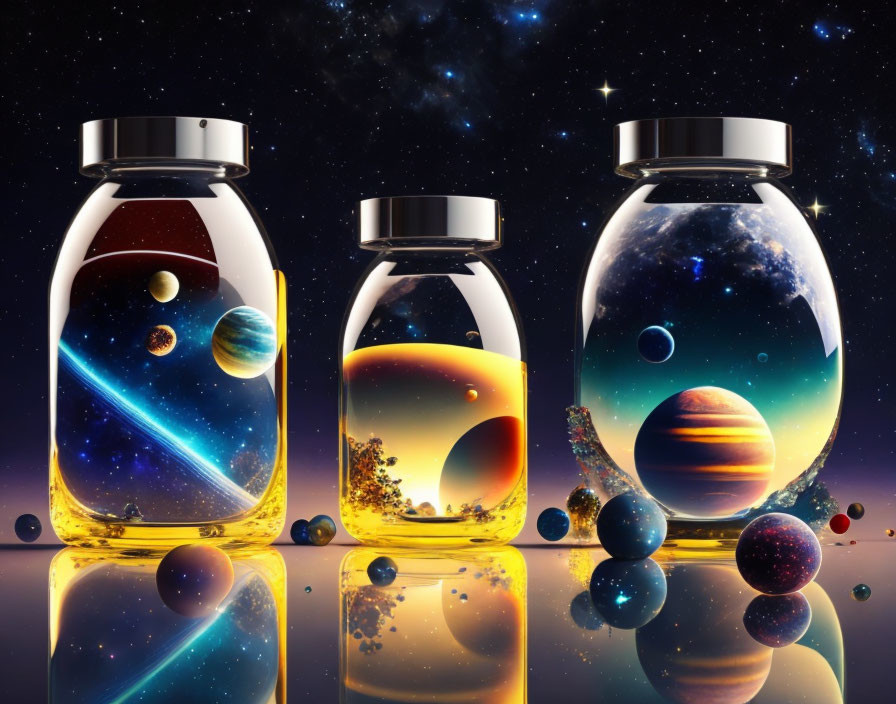 Many planets in bottles floating in space 