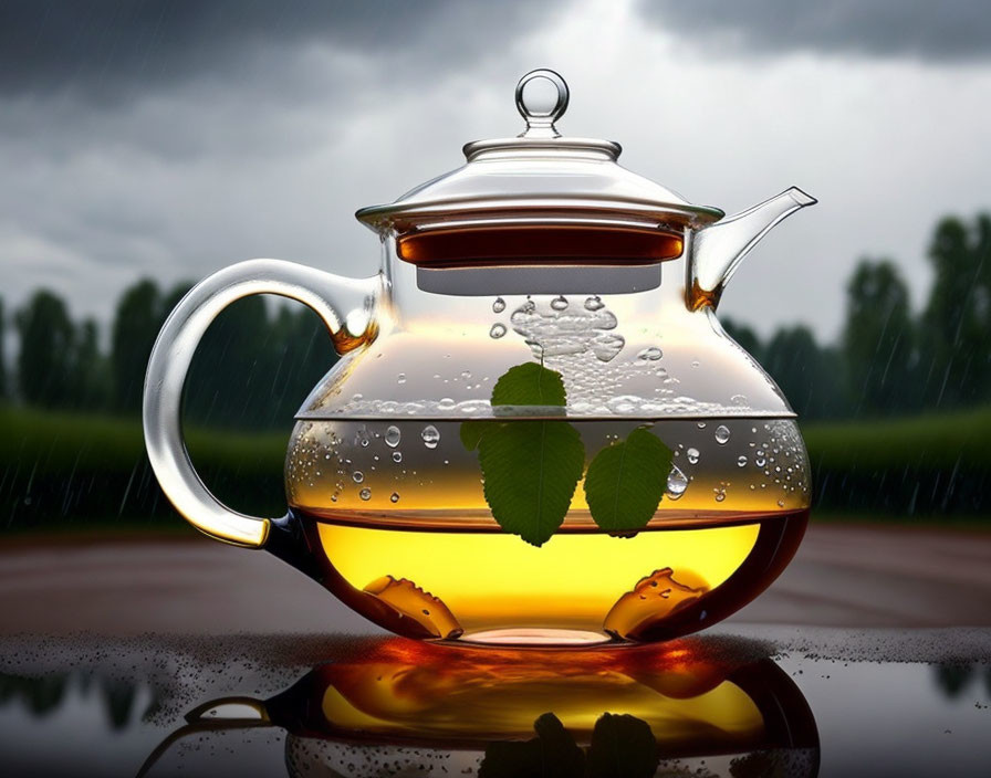 A transparent teapot is shedding heavy rain...