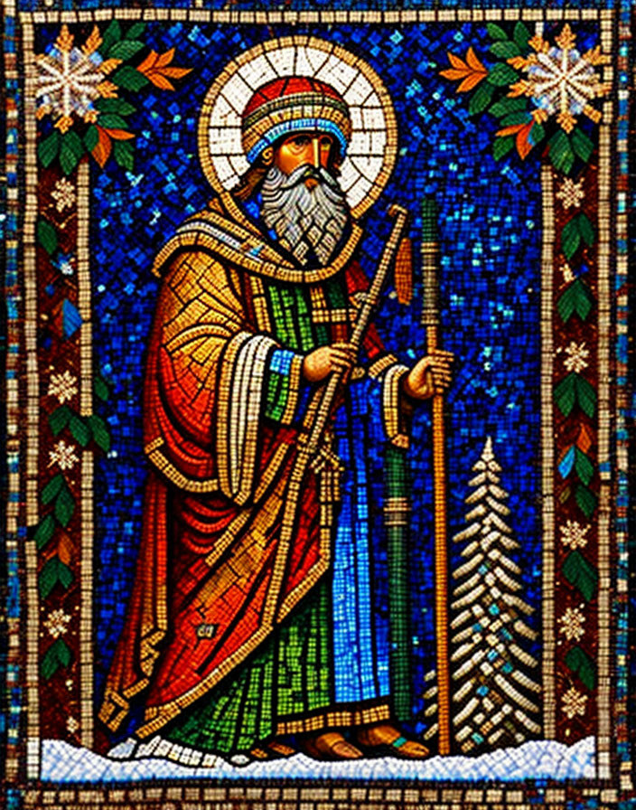 Saint Nicholas in a winter forest with a staff ...