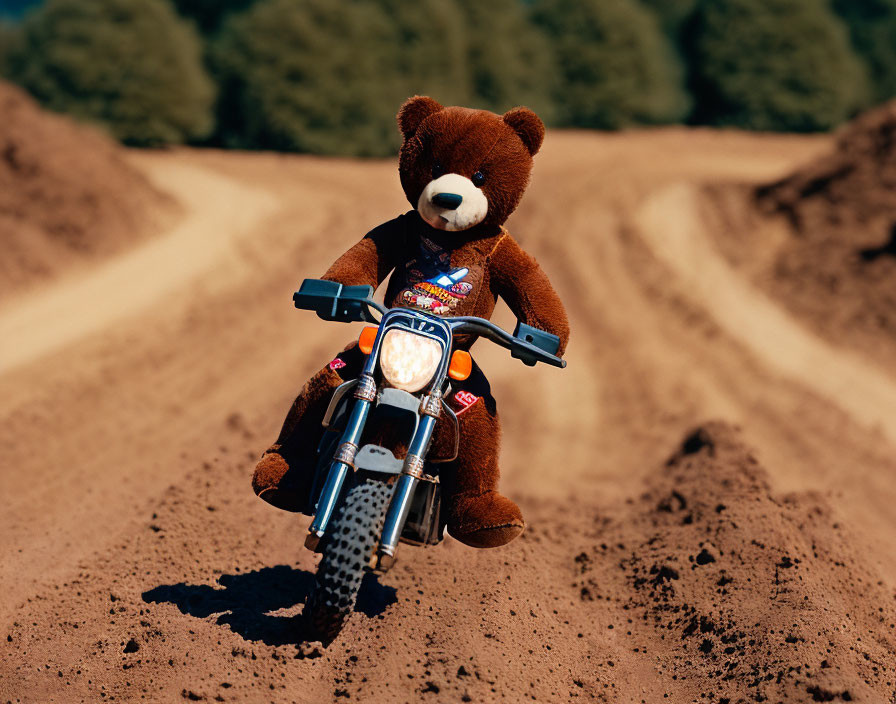 Teddy bear drives a dirt bike ...