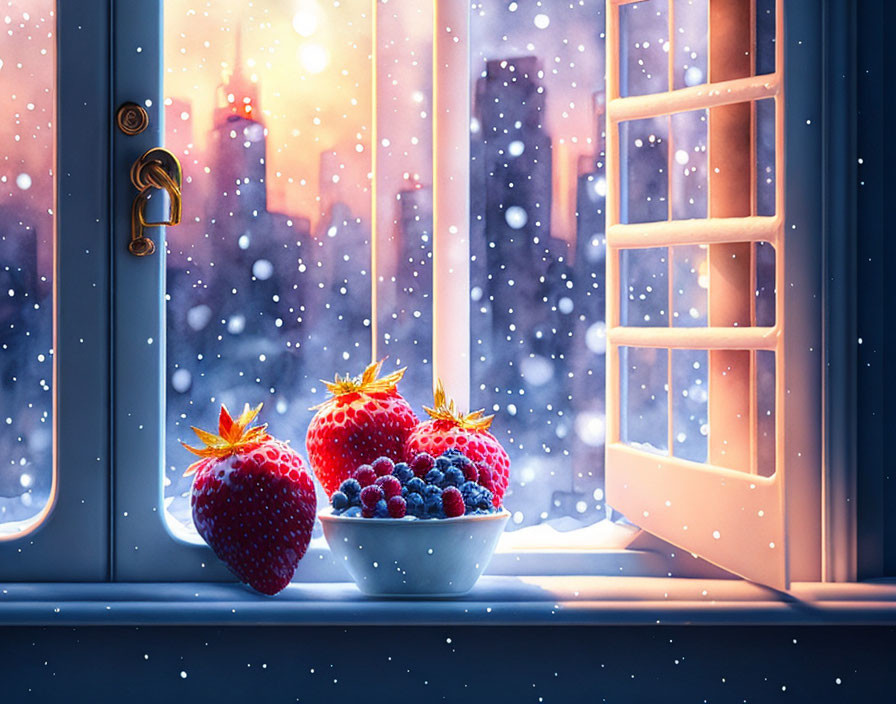 winter berry window with a city view...