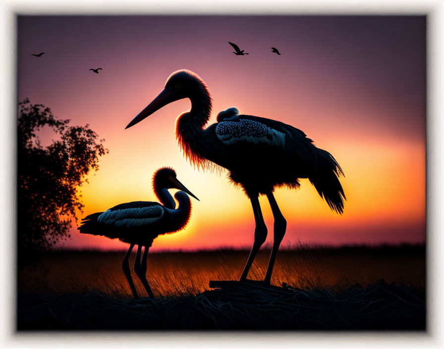  Mother and baby storks at sunset!