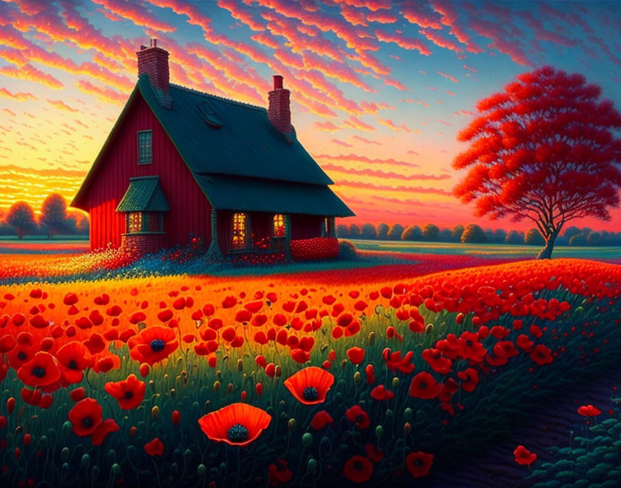Vibrant poppy field with red house under stunning sunset sky
