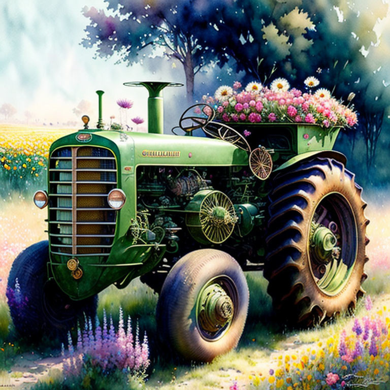 Старый трактор, поле цветов...