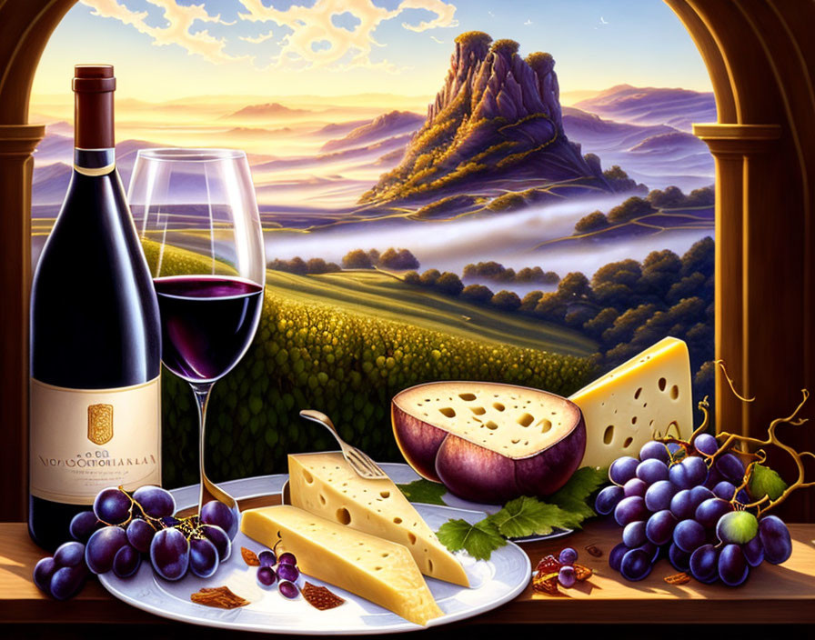 Cheese board, wine, grapes, cheeses