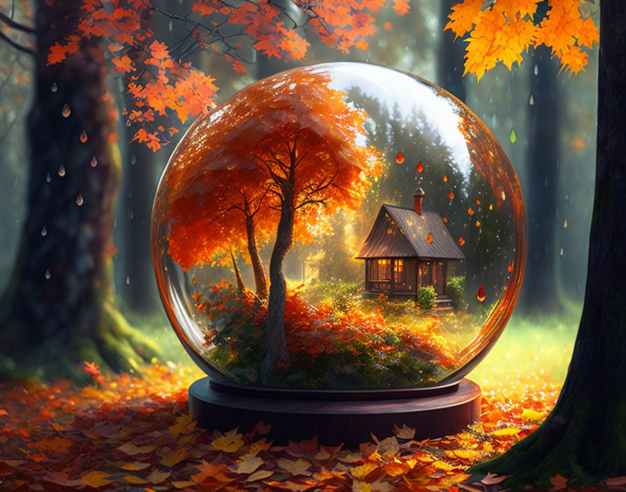 Autumn cottage and trees in crystal ball display