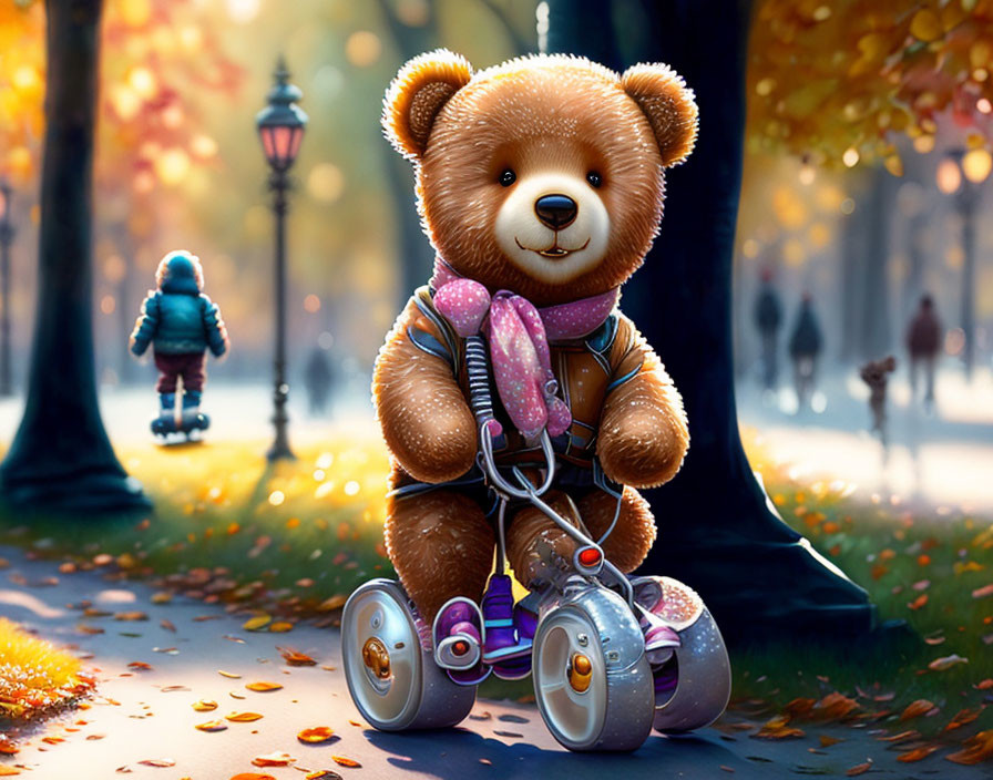 Cute happy teddy bear rollerblading around ...