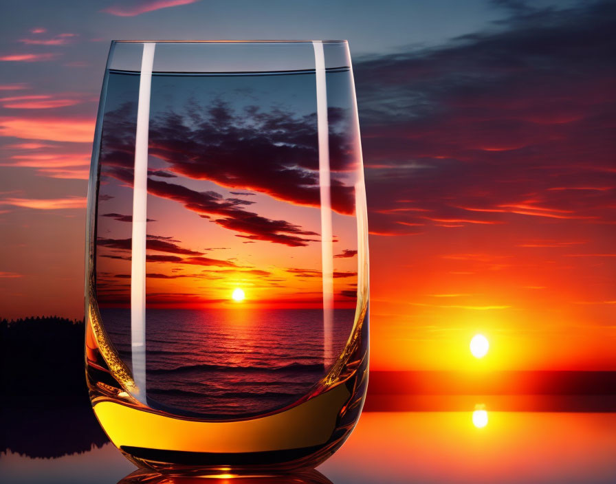 Glass Reflecting Beautiful Sunset over Calm Sea