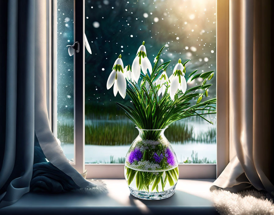 Snowdrops in vase on windowsill with snowy landscape view.