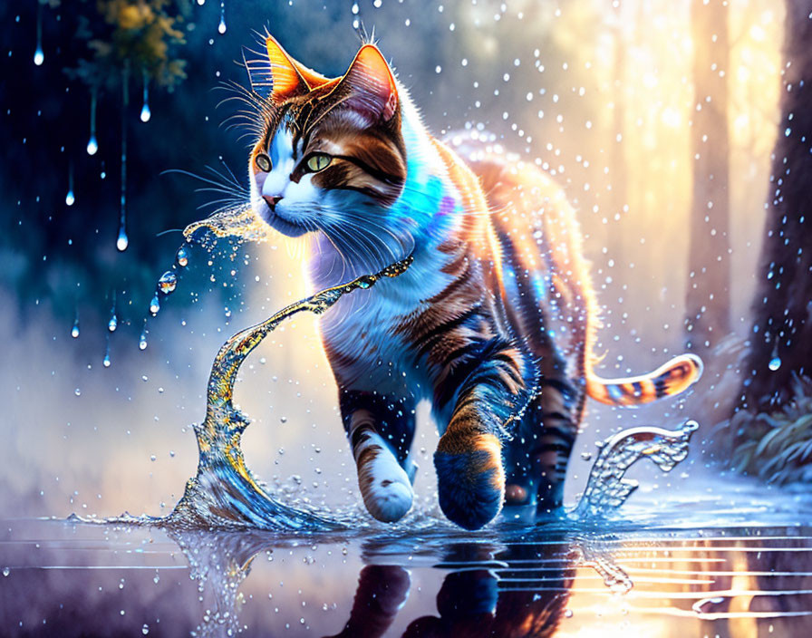 Cat jumping into a puddle in the rain...