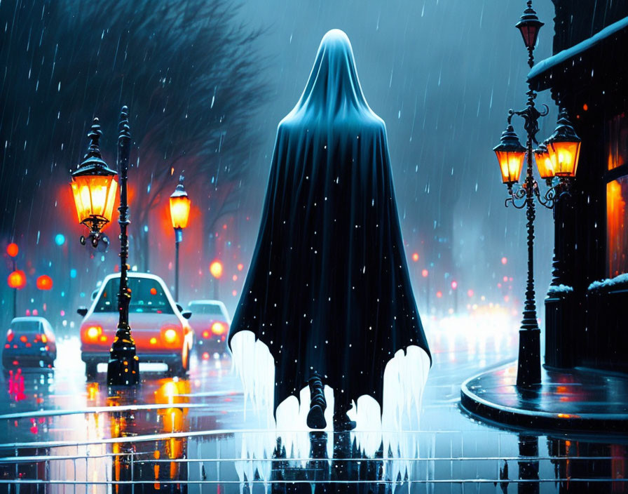 Acrylic painting of a ghost cloaked in white...