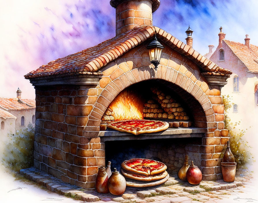 Pizza in the traditional brick oven ...