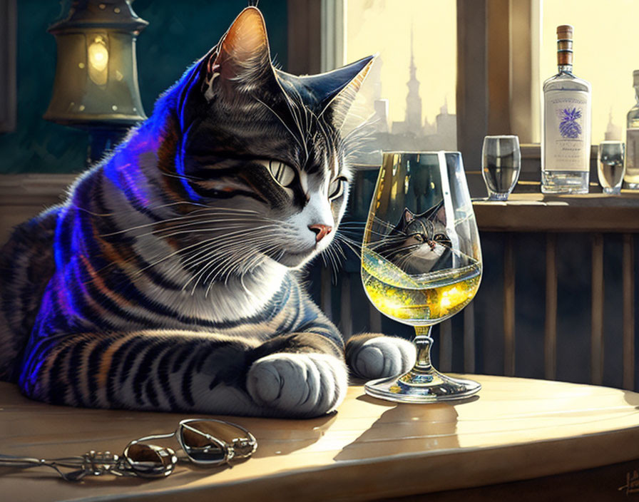  a cat drinking gin sapphire in a pub...