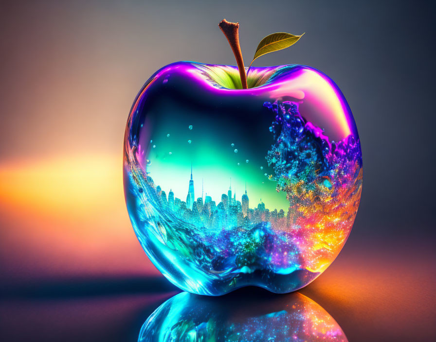 Hyper realistic glowing glass apple with beautiful