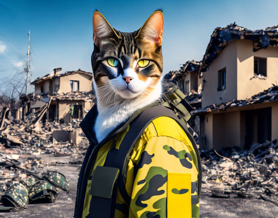 A cat in a military camouflage uniform...