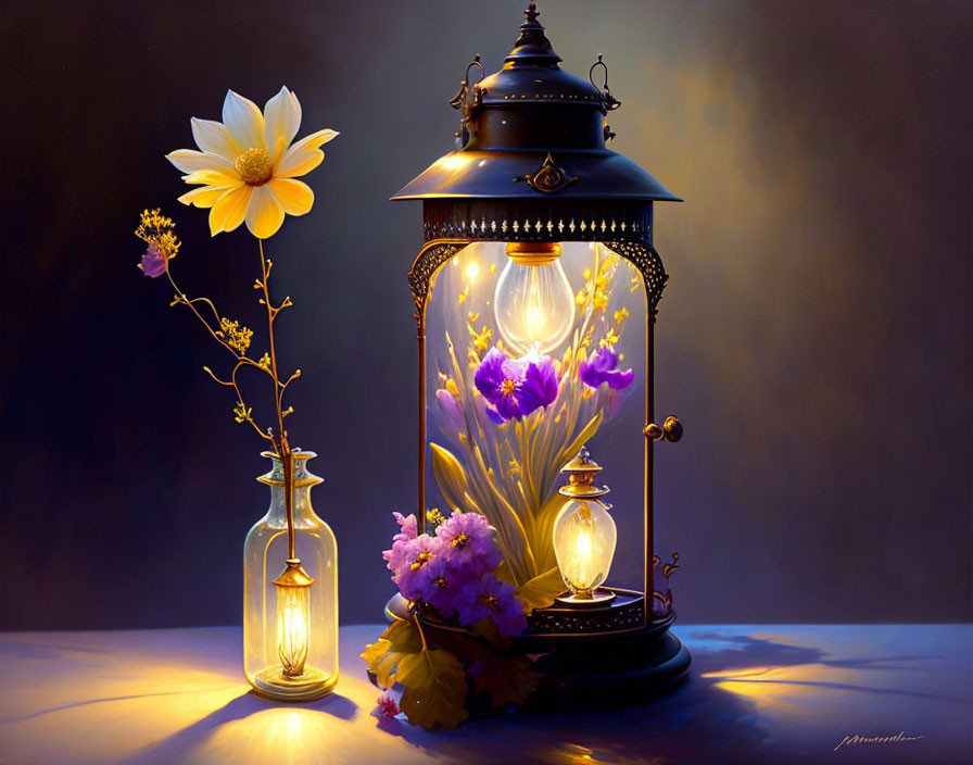 Night. Antique glass kerosene lantern on table...