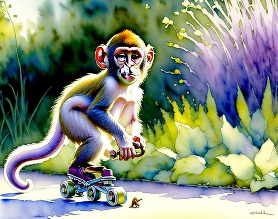 cute monkey, roller skating in the garden!