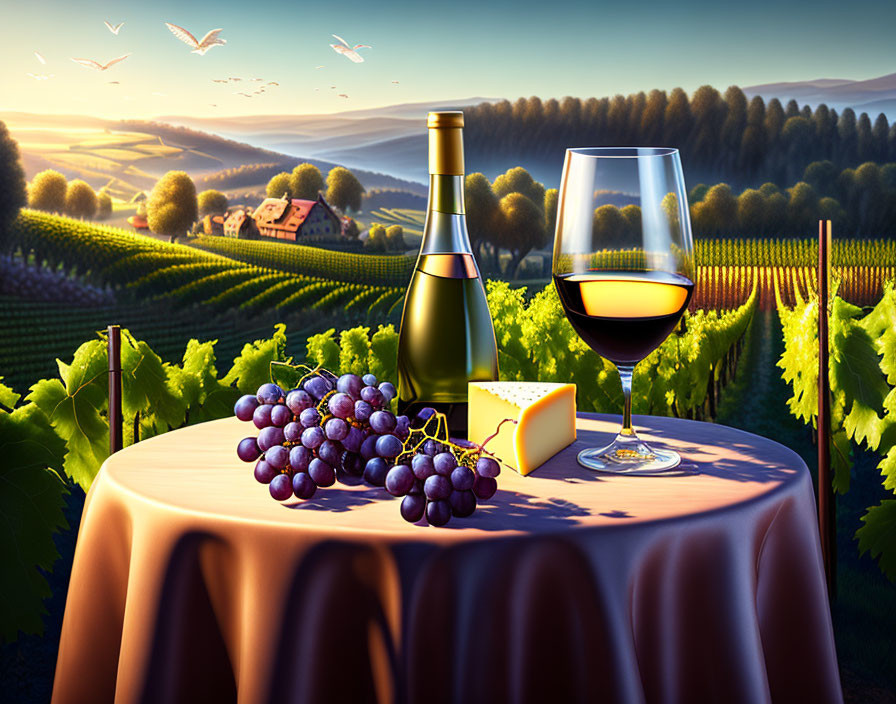 Wine, Cheese, Grapes Still Life with Vineyard Sunset