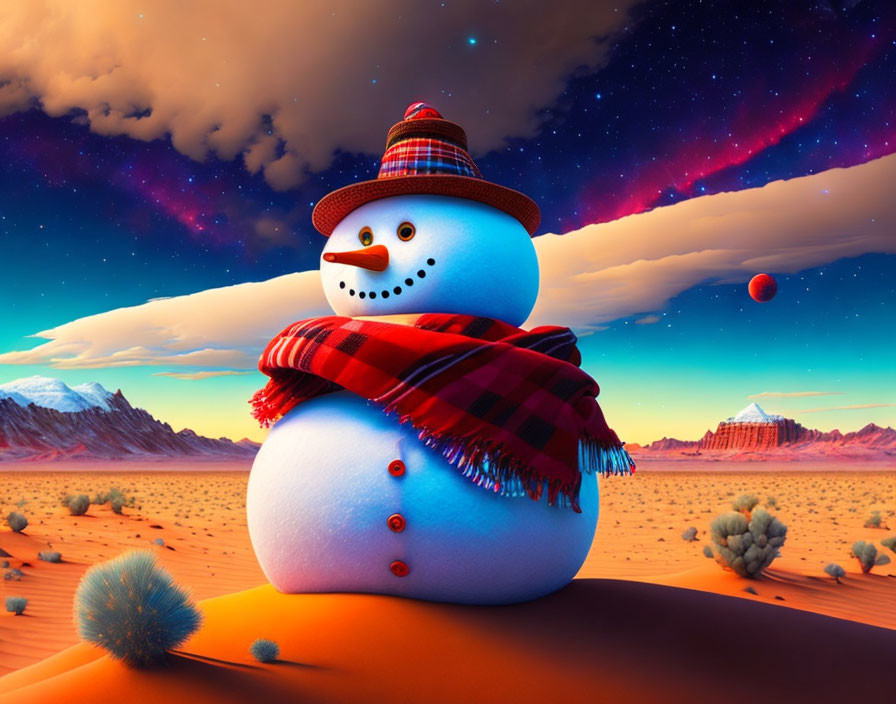  Snowman with red plaid scarf stands in desert!