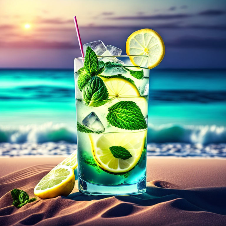on the beach, a beautiful glass with a mojito...
