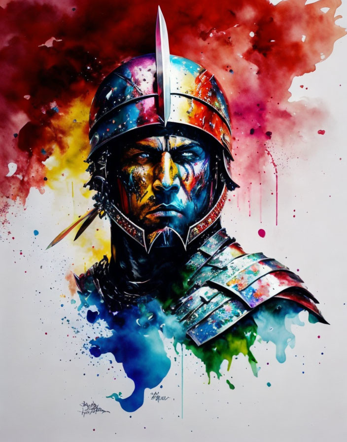 Colorful watercolor painting of medieval knight in armor with intense gaze
