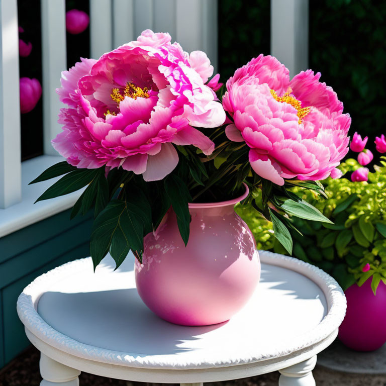 Pink peony in full bloom on the patio!