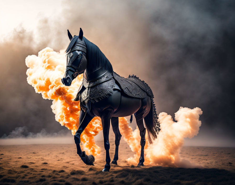 Super detailed origami horse surrounded with smoke