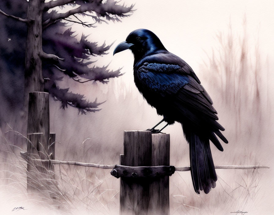  Raven, fencepost, night, mist, dramatic...