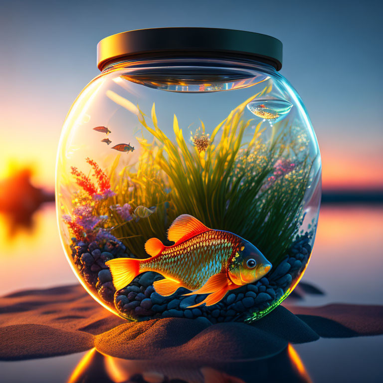 Goldfish in a round jar with many aquatic plants..
