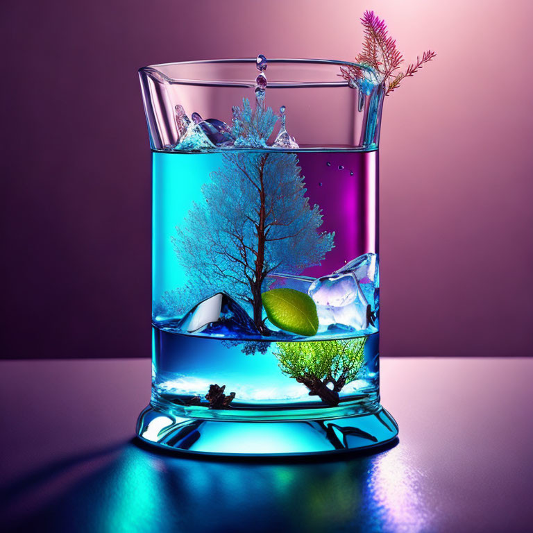 Colorful surreal artwork of a glass with blue liquid, ice cubes, tree, lime slice, and