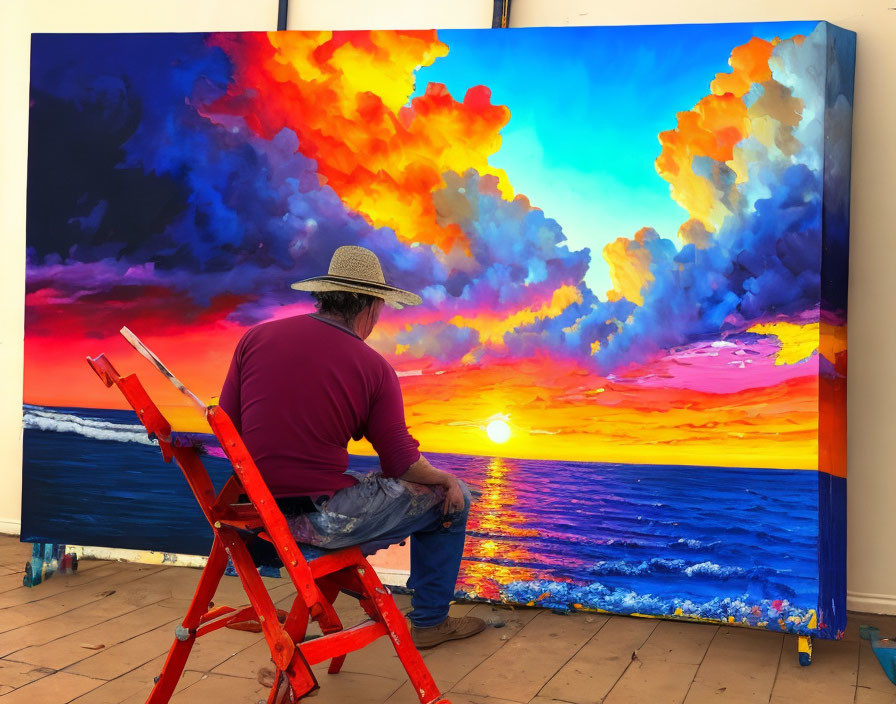  A middle aged male artist sits and paints...