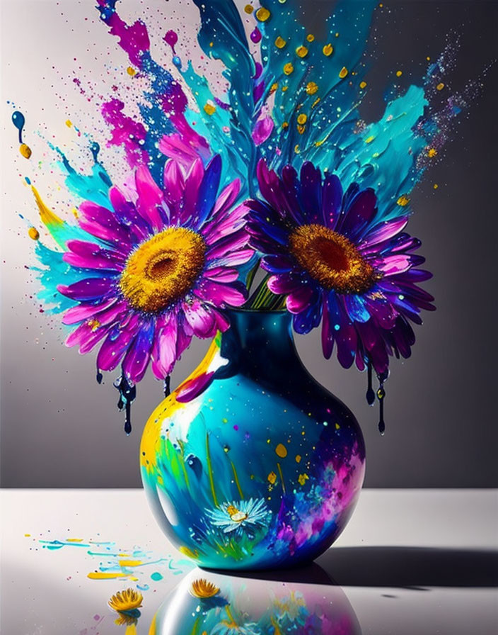 Colorful Blue Vase with Pink and Purple Flowers and Paint Splatters