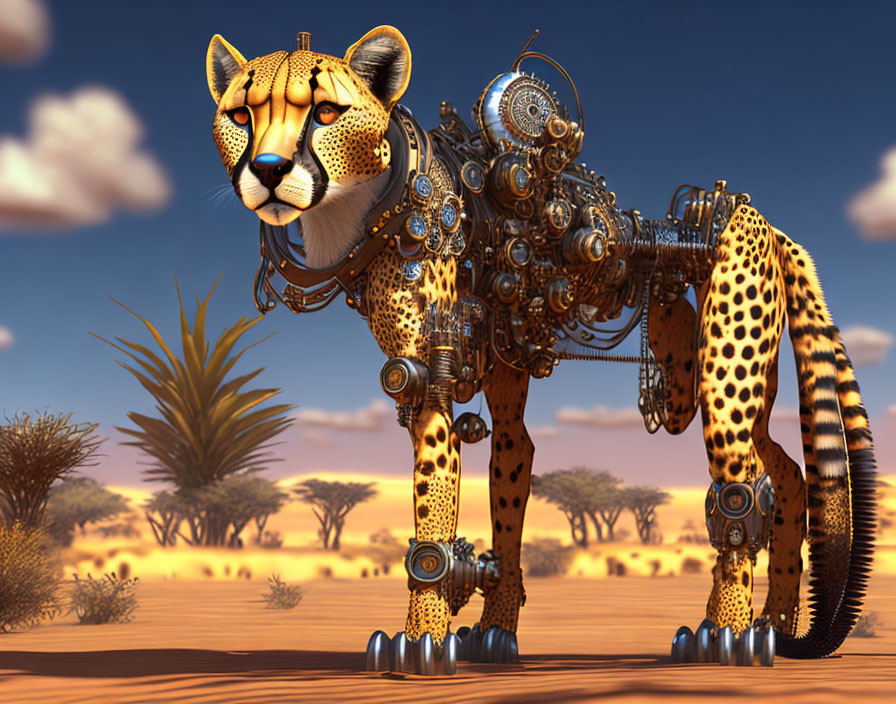 Steampunk mechatronic African cheetah, savanna...