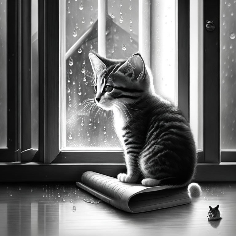 Monochrome kitten on cushion gazes at raindrops through window