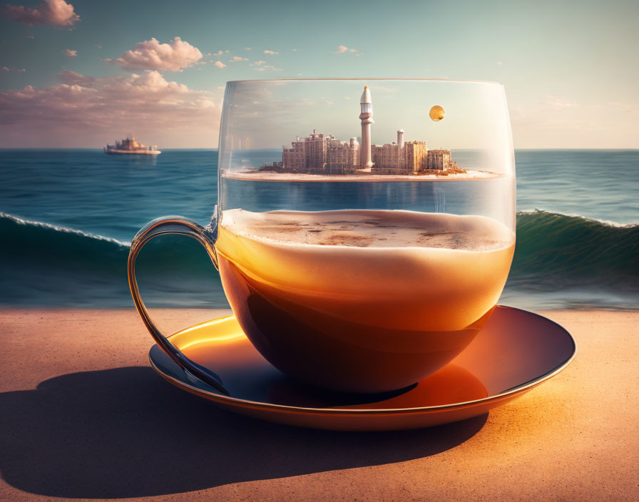 a city by the sea floats in a large cup ...
