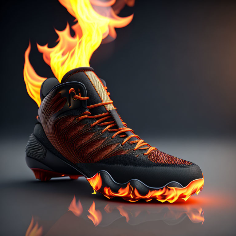 Flaming basketball shoe on gradient background symbolizing speed and power