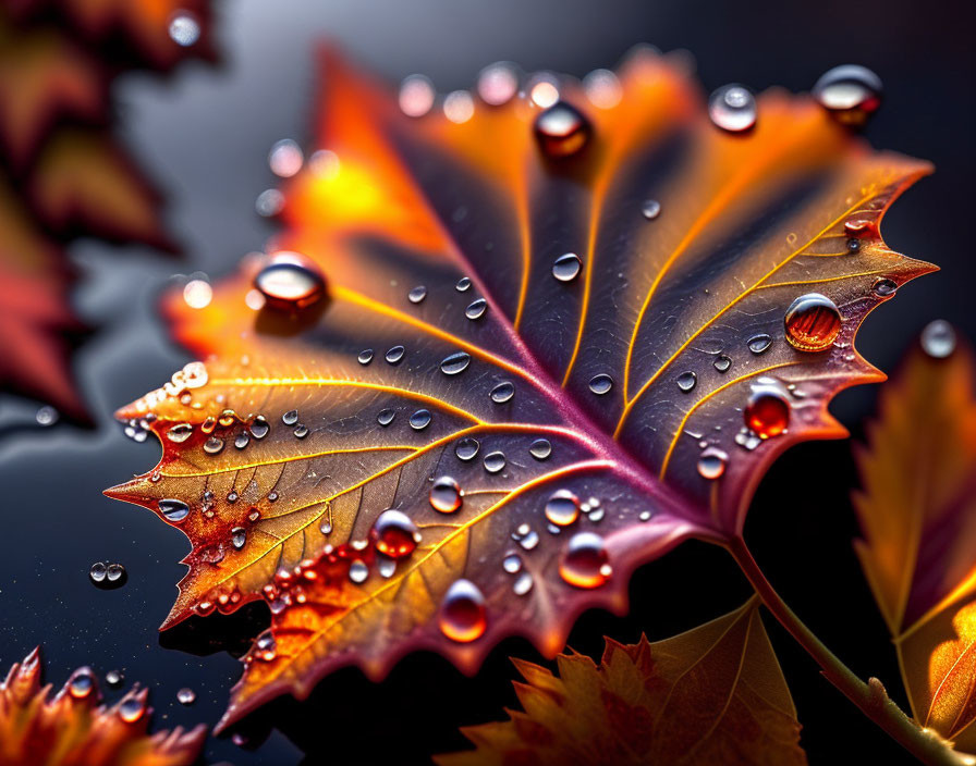  Water drops on an autumn maple leaf ...