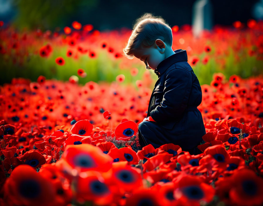Remembrance, Silhouette child laying red poppy ...