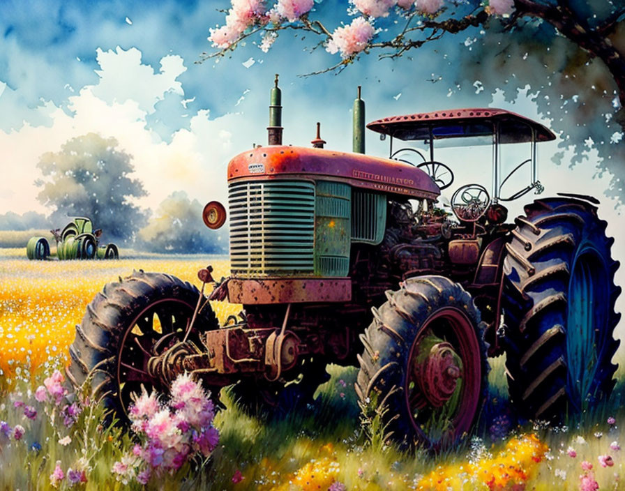 Red tractor in colorful flower field with trees and blue sky