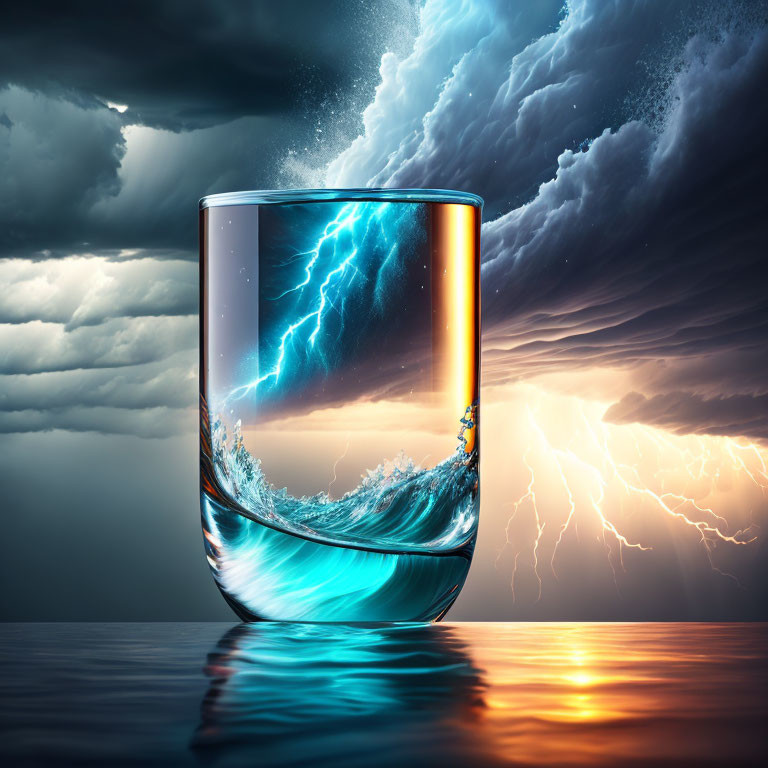 Surreal image of glass with stormy wave and lightning on dramatic sky