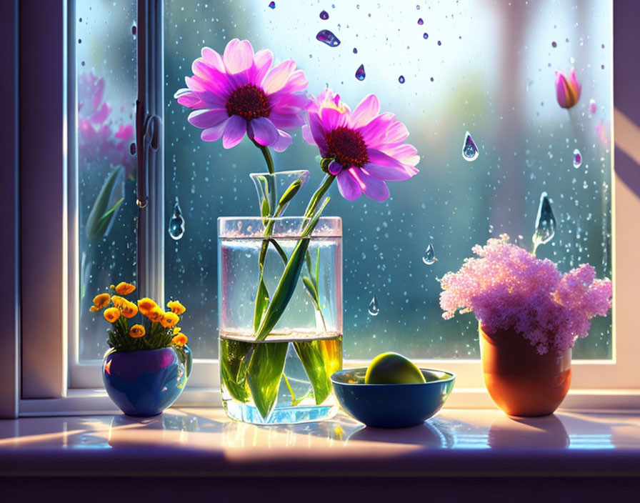 Tranquil windowsill scene with raindrops, pink flowers, green fruit, and yellow & purple