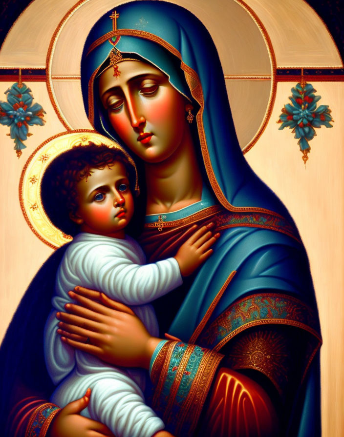 Iconographic painting of Virgin Mary and Baby Jesus with halos in blue robes.