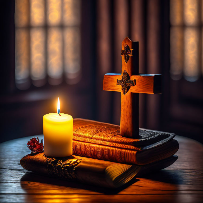 Wooden cross, antique book, burning candle, stained glass windows - serene spiritual atmosphere